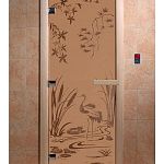 Стеклянная дверь для бани и сауны с рисунком КАМЫШОВЫЙ РАЙ, коробка осина, бронза матовая, 8 мм, 3 петли хром, квадратные 1900х800 мм (по коробке) фото товара