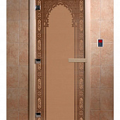 Стеклянная дверь для бани и сауны с рисунком ВОСТОЧНАЯ АРКА, коробка осина, бронза матовая, 8 мм, 3 петли хром, квадратные 2000х800 мм (по коробке) фото товара