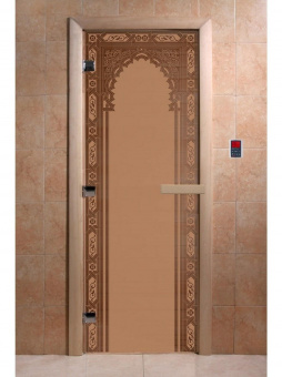 Стеклянная дверь для бани и сауны с рисунком ВОСТОЧНАЯ АРКА, коробка осина, бронза матовая, 8 мм, 3 петли хром, квадратные 2000х800 мм (по коробке) фотография