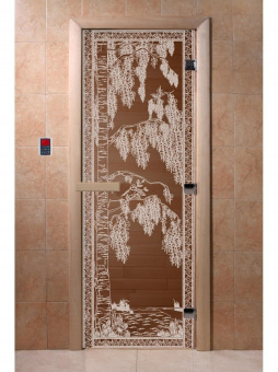 Стеклянная дверь для бани и сауны с рисунком БЕРЕЗКА, коробка осина, бронза, 8 мм, 3 петли хром, квадратные 1900х700 мм (по коробке) фотография