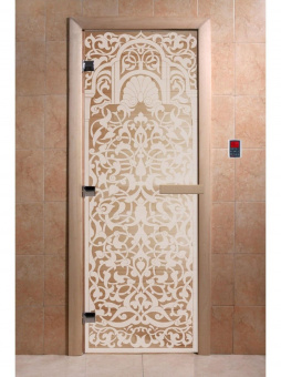 Стеклянная дверь для бани и сауны с рисунком ФЛОРЕНЦИЯ, коробка осина, прозрачная, 8 мм, 3 петли хром, квадратные 2000х800 мм (по коробке) фотография
