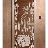 Стеклянная дверь для бани и сауны с рисунком ВОЛШЕБНЫЙ ПАР, коробка осина, бронза, 8 мм, 3 петли хром, квадратные 2000х800 мм (по коробке) фото товара
