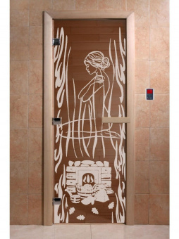 Стеклянная дверь для бани и сауны с рисунком ВОЛШЕБНЫЙ ПАР, коробка осина, бронза, 8 мм, 3 петли хром, квадратные 2000х800 мм (по коробке) фотография
