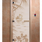 Стеклянная дверь для бани и сауны с рисунком ГОЛУБАЯ ЛАГУНА, коробка осина, сатин, 8 мм, 3 петли хром, квадратные 1800х800 мм (по коробке) фото товара