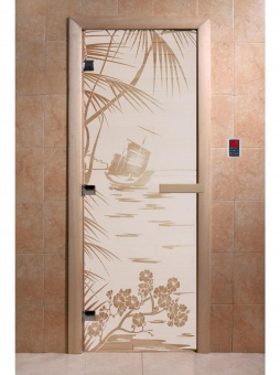 Стеклянная дверь для бани и сауны с рисунком ГОЛУБАЯ ЛАГУНА, коробка осина, сатин, 8 мм, 3 петли хром, квадратные 1800х800 мм (по коробке) фотография