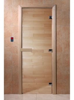 Дверь для сауны и бани стеклянная, короб осина, прозрачная, 8 мм, 3 петли хром квадратные, 1900х600 мм (по коробке) фотография