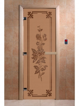 Стеклянная дверь для бани и сауны с рисунком РОЗЫ, коробка осина, бронза матовая, 8 мм, 3 петли хром, квадратные 2000х800 мм (по коробке) фотография