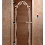 Стеклянная дверь для бани и сауны с рисунком АРКА, коробка осина, бронза, 8 мм, 3 петли хром, квадратные 1800х800 мм (по коробке) фото товара