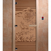 Стеклянная дверь для бани и сауны с рисунком "Япония", коробка осина, бронза матовая, 8 мм, 3 петли хром, квадратные 2000х800 мм (по коробке) фото товара