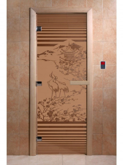 Стеклянная дверь для бани и сауны с рисунком "Япония", коробка осина, бронза матовая, 8 мм, 3 петли хром, квадратные 2000х800 мм (по коробке) фотография