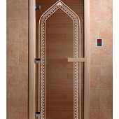 Стеклянная дверь для бани и сауны с рисунком АРКА, коробка осина, бронза, 8 мм, 3 петли хром, квадратные 1800х800 мм (по коробке) фото товара