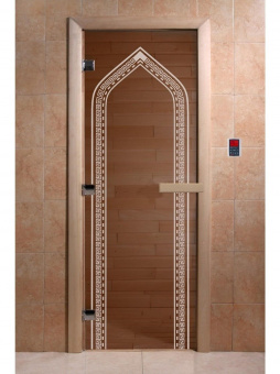 Стеклянная дверь для бани и сауны с рисунком АРКА, коробка осина, бронза, 8 мм, 3 петли хром, квадратные 1800х800 мм (по коробке) фотография