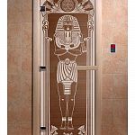 Стеклянная дверь для бани и сауны с рисунком ЕГИПЕТ, коробка осина, бронза, 8 мм, 3 петли хром, квадратные 1800х800 мм (по коробке) фото товара