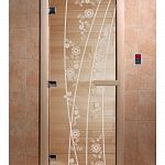Стеклянная дверь для бани и сауны с рисунком ВЕСНА ЦВЕТЫ, коробка осина, прозрачная, 8 мм, 3 петли хром, квадратные 1900х700 мм (по коробке) фото товара