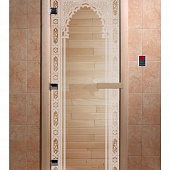 Стеклянная дверь для бани и сауны с рисунком ВОСТОЧНАЯ АРКА, коробка осина, прозрачная, 8 мм, 3 петли хром, квадратные 2000х800 мм (по коробке) фото товара
