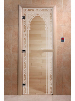 Стеклянная дверь для бани и сауны с рисунком ВОСТОЧНАЯ АРКА, коробка осина, прозрачная, 8 мм, 3 петли хром, квадратные 2000х800 мм (по коробке) фотография