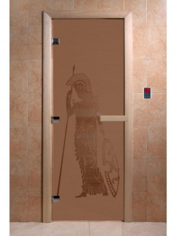 Стеклянная дверь для бани и сауны с рисунком РИМ, коробка осина, бронза матовая, 8 мм, 3 петли хром, квадратные 1900х700 мм (по коробке) фотография