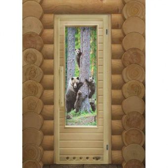Деревянная дверь "ЭЛИТ ЛЮКС МИШКИ" с вставкой из стекла с фотопечатью, размер 1850х730 мм (по коробке) фотография