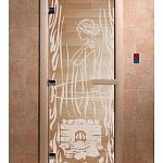 Стеклянная дверь для бани и сауны с рисунком ВОЛШЕБНЫЙ ПАР, коробка осина, прозрачная, 8 мм, 3 петли хром, квадратные 1800х800 мм (по коробке) фото товара