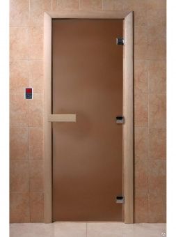 Дверь для сауны и бани стеклянная, короб осина, бронза матовая, 8 мм, 3 петли хром квадратные, 1700х700 мм (по коробке) фотография
