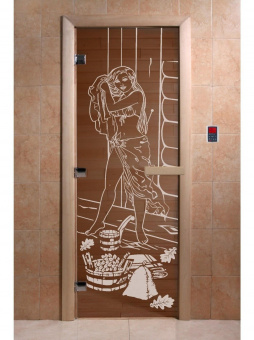 Стеклянная дверь для бани и сауны с рисунком ДЖЕНИФЕР, коробка осина, бронза, 8 мм, 3 петли хром, квадратные 1900х800 мм (по коробке) фотография