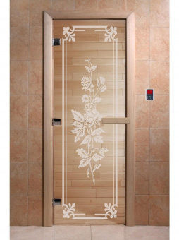Стеклянная дверь для бани и сауны с рисунком РОЗЫ, коробка осина, прозрачная, 8 мм, 3 петли хром, квадратные 1800х800 мм (по коробке) фотография