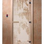 Стеклянная дверь для бани и сауны с рисунком БЕРЕЗКА, коробка осина, сатин, 8 мм, 3 петли хром, квадратные 1800х800 мм (по коробке) фото товара