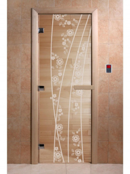 Стеклянная дверь для бани и сауны с рисунком ВЕСНА ЦВЕТЫ, коробка осина, прозрачная, 8 мм, 3 петли хром, квадратные 1900х800 мм (по коробке) фотография