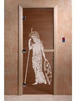 Стеклянная дверь для бани и сауны с рисунком РИМ, коробка осина, бронза, 8 мм, 3 петли хром, квадратные 1800х800 мм (по коробке) фотография