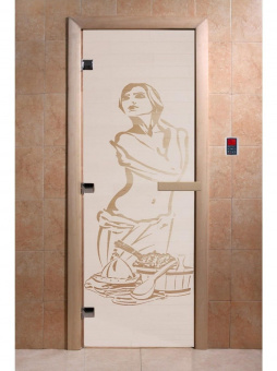 Стеклянная дверь для бани и сауны с рисунком ИСКУШЕНИЕ, коробка осина, сатин, 8 мм, 3 петли хром, квадратные 2000х800 мм (по коробке) фотография