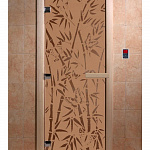 Стеклянная дверь для бани и сауны с рисунком БАМБУК И БАБОЧКИ, коробка осина, бронза матовая, 8 мм, 3 петли хром, квадратные 1900х700 мм (по коробке) фото товара