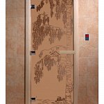 Стеклянная дверь для бани и сауны с рисунком БЕРЕЗА, коробка осина, бронза матовая, 8 мм, 3 петли хром, квадратные 1900х700 мм (по коробке) фото товара
