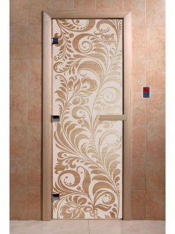Стеклянная дверь для бани и сауны с рисунком ХОХЛОМА, коробка осина, сатин, 8 мм, 3 петли хром, квадратные 1900х700 мм (по коробке) фотография