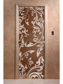 Стеклянная дверь для бани и сауны с рисунком ВЕНЕЦИЯ, коробка осина, бронза, 8 мм, 3 петли хром, квадратные 2000х800 мм (по коробке) фотография