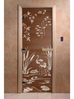 Стеклянная дверь для бани и сауны с рисунком КАМЫШОВЫЙ РАЙ, коробка осина, бронза, 8 мм, 3 петли хром, квадратные 1800х800 мм (по коробке) фотография