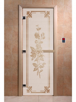 Стеклянная дверь для бани и сауны с рисунком РОЗЫ, коробка осина, сатин, 8 мм, 3 петли хром, квадратные 1800х800 мм (по коробке) фотография