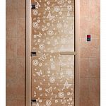 Стеклянная дверь для бани и сауны с рисунком ЦВЕТЫ И БАБОЧКИ, коробка осина, прозрачная, 8 мм, 3 петли хром, квадратные 1900х700 мм (по коробке) фото товара
