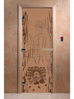 Стеклянная дверь для бани и сауны с рисунком ВОЛШЕБНЫЙ ПАР, коробка ольха, бронза матовая, 8 мм, 3 петли хром, квадратные 1800х800 мм (по коробке) фотография