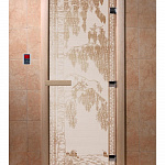 Стеклянная дверь для бани и сауны с рисунком БЕРЕЗКА, коробка осина, сатин, 8 мм, 3 петли хром, квадратные 1900х800 мм (по коробке) фото товара