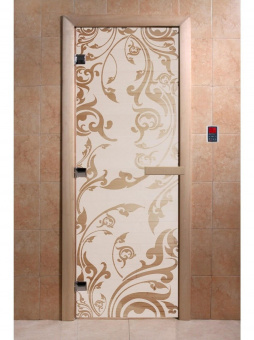 Стеклянная дверь для бани и сауны с рисунком ВЕНЕЦИЯ, коробка осина, сатин, 8 мм, 3 петли хром, квадратные 1900х700 мм (по коробке) фотография