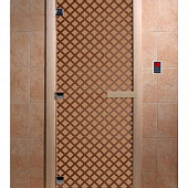 Стеклянная дверь для бани и сауны с рисунком МИРАЖ, коробка осина, бронза матовая, 8 мм, 3 петли хром, квадратные 2000х800 мм (по коробке) фото товара