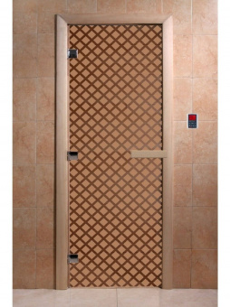Стеклянная дверь для бани и сауны с рисунком МИРАЖ, коробка осина, бронза матовая, 8 мм, 3 петли хром, квадратные 2000х800 мм (по коробке) фотография