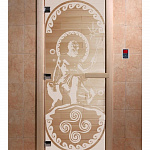 Стеклянная дверь для бани и сауны с рисунком ПОСЕЙДОН, коробка осина, прозрачная, 8 мм, 3 петли хром, квадратные 2000х800 мм (по коробке) фото товара