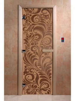 Стеклянная дверь для бани и сауны с рисунком ХОХЛОМА, коробка осина, бронза матовая, 8 мм, 3 петли хром, квадратные 1900х700 мм (по коробке) фотография