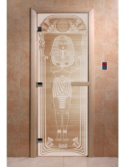 Стеклянная дверь для бани и сауны с рисунком ЕГИПЕТ, коробка осина, прозрачная, 8 мм, 3 петли хром, квадратные 1900х700 мм (по коробке) фотография