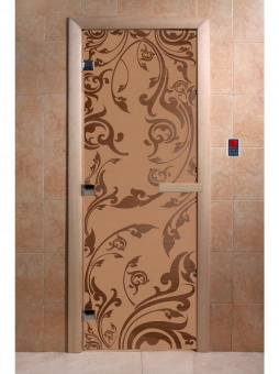 Стеклянная дверь для бани и сауны с рисунком ВЕНЕЦИЯ, коробка осина, бронза матовая, 8 мм, 3 петли хром, квадратные 1900х700 мм (по коробке) фотография