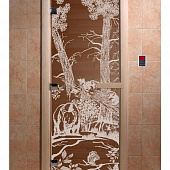 Стеклянная дверь для бани и сауны с рисунком МИШКИ, коробка осина, бронза, 8 мм, 3 петли хром, квадратные 2000х800 мм (по коробке) фото товара