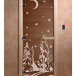 Стеклянная дверь для бани и сауны с рисунком ЗИМА, коробка осина, бронза, 8 мм, 3 петли хром, квадратные 1900х800 мм (по коробке) фото товара