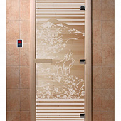 Стеклянная дверь для бани и сауны с рисунком "Япония", коробка осина, прозрачная, 8 мм, 3 петли хром, квадратные 1800х800 мм (по коробке) фото товара
