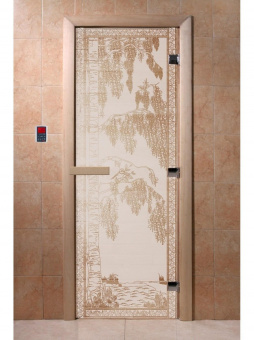 Стеклянная дверь для бани и сауны с рисунком БЕРЕЗКА, коробка осина, сатин, 8 мм, 3 петли хром, квадратные 1900х800 мм (по коробке) фотография